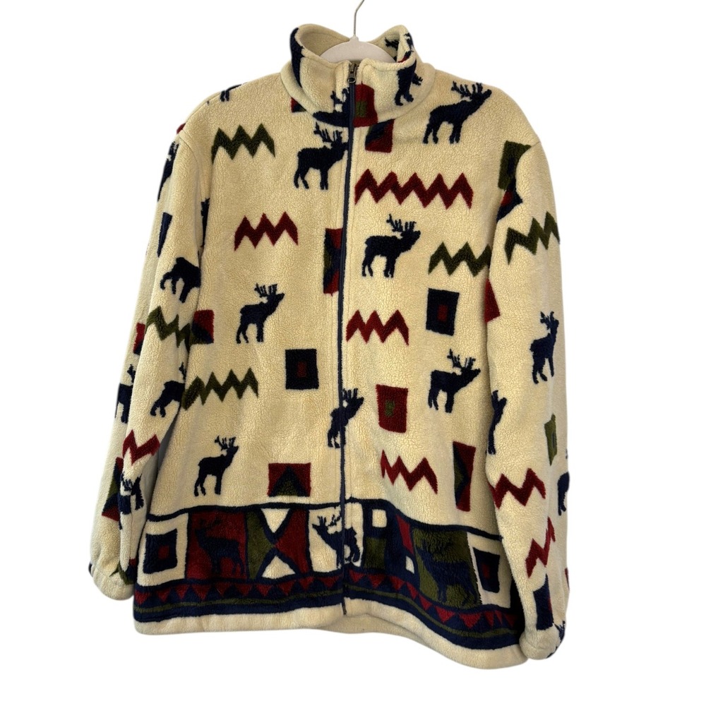 Woolrich Fleece Jacket Elk Print Southwestern Full Zip Coat Cozy Outdoor Large